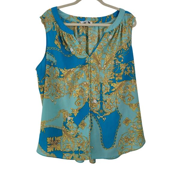 Rose + Olive Size 3x Teal Gold Chain Link Sleeveless Blouse - Picture 1 of 8